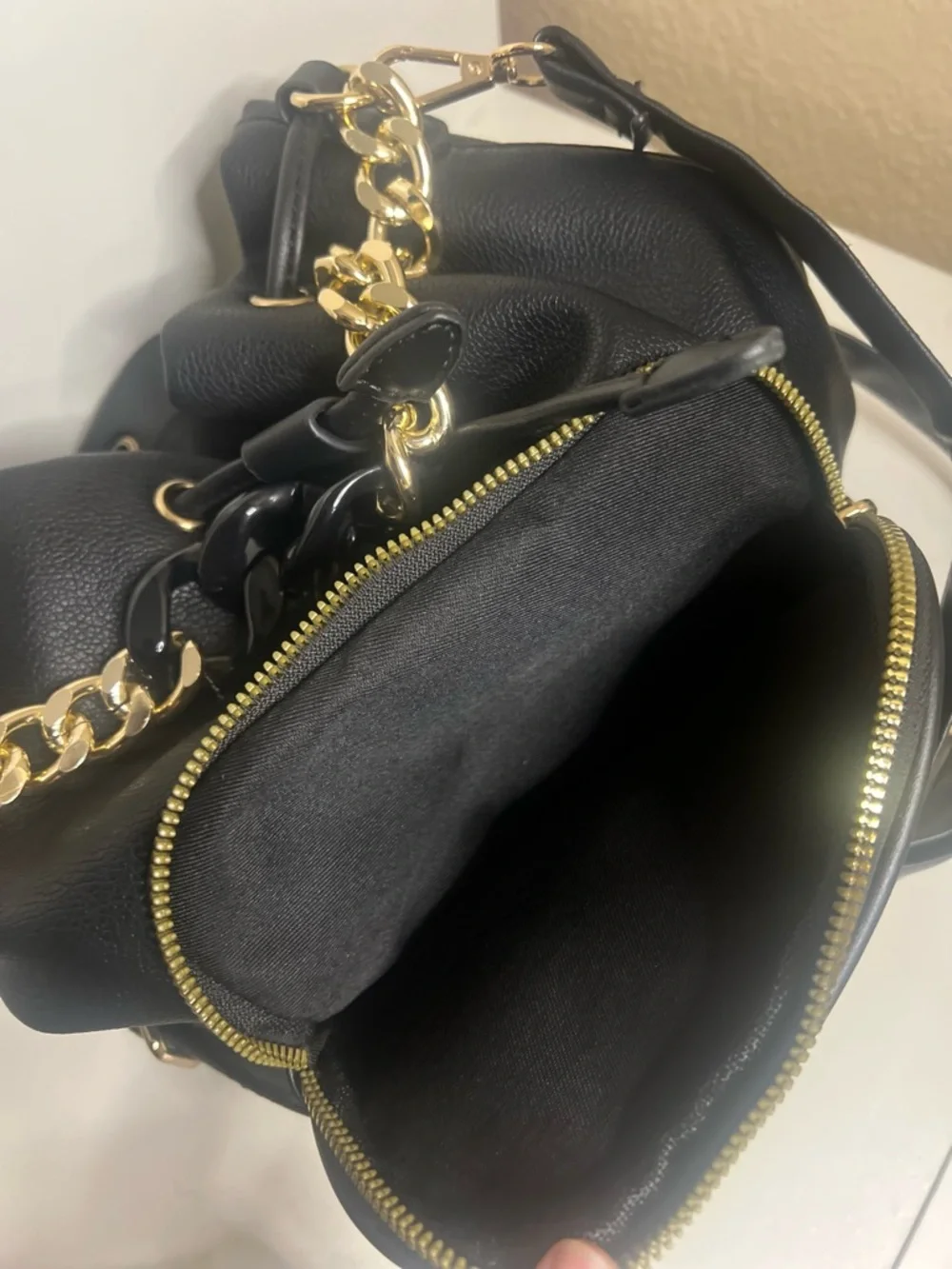 Grossi Black Faux Leather Mini Backpack Drawstring Bucket Bag Gold Chain